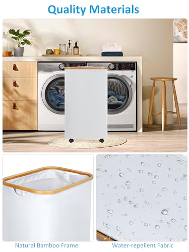 Image of efluky Laundry Basket with Wheels, Tall Rolling Laundry Hamper with Lid and Removable Bag, Aesthetic Dirty Clothes Hamper on Wheels for Laundry Room, Bedroom, Dorm and Bathroom, 100L White