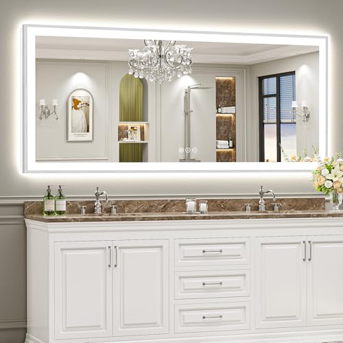 Image of 88x38 Brushed Nickel LED Bathroom Mirror with Lights, Backlit & Front-Lit, Anti-Fog, Framed Lighted Vanity Mirrors for Bathroom Wall, Dimmable, 3 Colors, Memory, Shatter-Proof, Tempered Glass