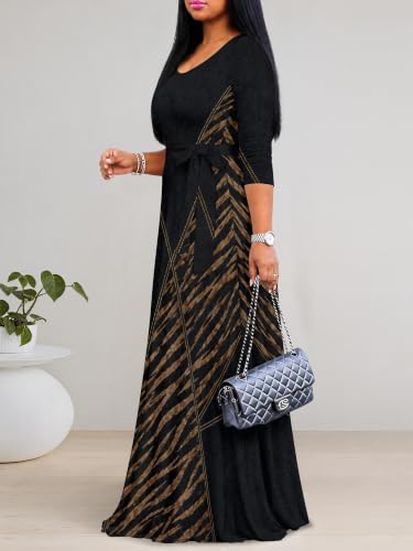 Image of Women's V Neck Floral Maxi Dress 3 /4 Sleeve Plus Size Boho Wrap Flowy Long Dresses with Belt