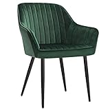 SONGMICS Dining Chair, Kitchen Arm Chair, Upholstered Chair with Armrests, 19.3 Inches Wide Seat, Metal Legs, Velvet Surface, 242 lb Load Capacity, for Living Room Study, Green ULDC087C01