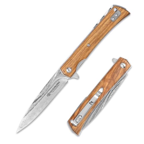 YOUSUNLONG Cuchillo plegable de camping - Hoja de Acero Damasco Martillado - Funda de Madera de Olivo Italiano