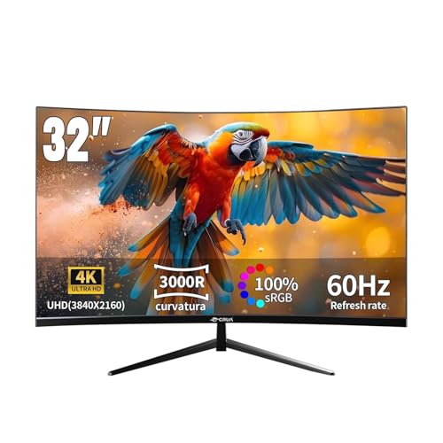 CRUA 32 Pouces incurvé Moniteur de Jeu 4K - Taux de rafraîchissement de 60 Hz, Temps de réponse de 1 ms, Prise en Charge HDR10, Compatible G-Sync, Dalle VA incurvée 3000R idéal pour Les GA