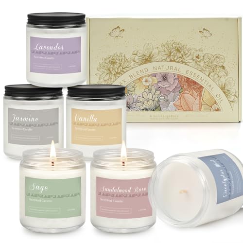 YMing 6 Candele Profumate in Vetro, Candele Profumate Regalo Compleanno per Donne, Durata combustione 300H, Set Candele Profumate in Cera Soia Naturale per la Meditazione del Bagno Spa Natale