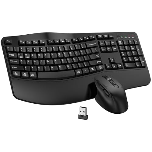 Wireless Keyboard and Mouse Combo, EDJO 2.4G Full Size Wave Keys Ergonomic Keyboard with Wrist Rest and 3-Level DPI Adjustable Wireless Ergonomic Mouse for Windows, Mac OS Desktop/Laptop/PC(Black)