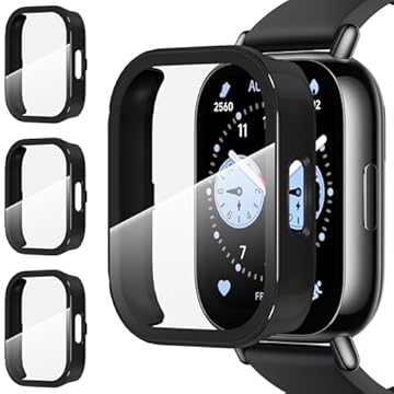 Suoman Pacote com 3 capas para Redmi Watch 5 Lite, [antiarranhões], protetor de tela de vidro temperado, capa protetora de policarbonato rígido completo - preto + preto