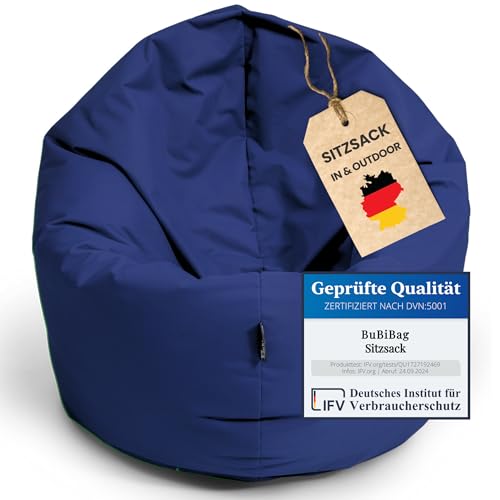 BuBiBag 2in1 Sitzsack Sitzkissen mit Füllung| X- Large Ø: 130 cm, Dunkelblau| Indoor & Outdoor Beanbag| Geeignet für Kinder Innen- & Außenbereich Kinderzimmer| Wasser- & Schmutzabweisend Wetterfest