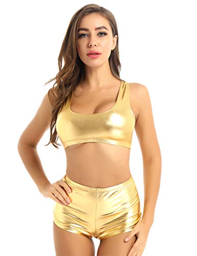MSemis Woman's 2 Piece Sports Outfit Metallic Racerback Bra Crop Top High Waist Shorts Bottom Tracksuit Gold Small - Image 2