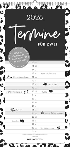 Alpha Edition - Termine für 2 Black and White Kalender 2026 22x45 cm Familienplaner mit 2 Spalten Inkl. Sticker Praktischer Terminplaner für Paare Mit Feiertagen & Ferienterminen