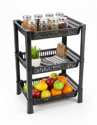 Image of U-Max Multi Tire Kitchen Storage Rack, Plastic Utility Shelf Organiser, Space Saving Storage Solution, Revolving Vegetable Rack (Black, 3)
