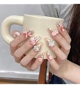 NLSJMP,Handmade Long Balerina Press on Nails,bow rhinestone Pearl Design Nail Art Kit,Acrylic Fak...