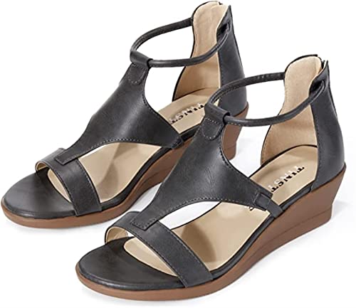 Wedge Roman Sandals for Womens Summer Open Toe Ankle Heeled Strap Shoes Faux Leather Gladiator Zipper Shoes Casual Non-Slip Platform Breathable Walk Beach Flip Flops