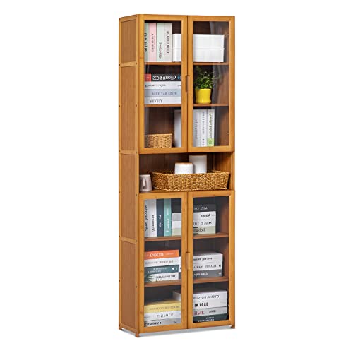 Monibloom Tall Bookcase With Acrylic Doors 7 Tier Bamboo Storage Cabinet Bookshelf Display Shelves For Entryway Home Office Living Room, Brown #TOP6
