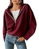 BTFBM Womens Sweaters Quarter Zip Pullover V Neck Collar Long Sleeve Ribbed Knit Loose Casual 2026 Winter Fall Sweater(Wine Red, Large)