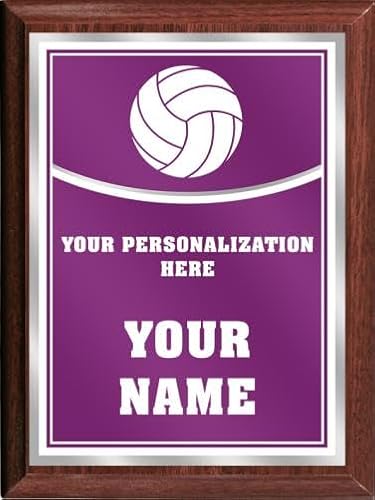 Crown Awards Volleyball Personalized Plaque Award, 6x8 Color Printed Metal Plate with Custom Engraving, Purple with White Plaque On Wood Finish
