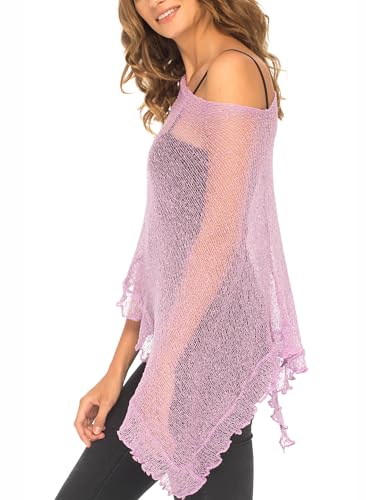 Image of SHU-SHI Women's Sheer Knit Poncho Shrug Lightweight Asymmetrical Ruffle Wrap Dressy Summer Shawl Cover Up Top