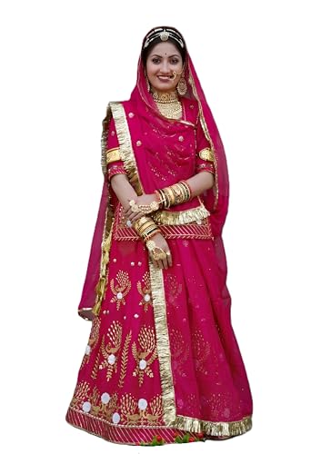 Image of Fancy Heavy Embroidery Work Shimmer Silk Semi-stitched Rajasthani Poshak Rajputi Lehenga Choli For Women