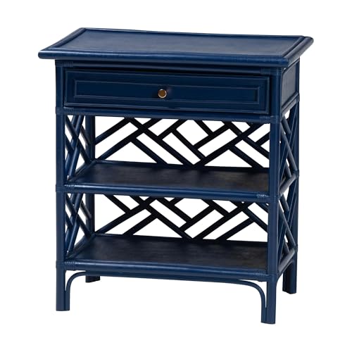 bali & pari Tiaret Natural Rattan Nightstand with Drawer and Shelves – Chippendale-Style Bedside Table for Bedroom or Coastal Living Spaces, Blue, 1-Drawer, 24-inch Wide - Image 3