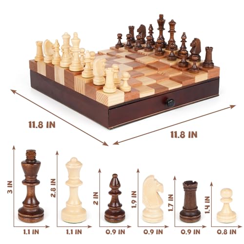 3D Wooden Chess Set with Storage Drawer – 12" Wooden Chess Board & Pieces, Travel Chess Set with Wooden Pieces, Classic Strategy Board Game for Adults Family for Beginners & Pros - Image 6