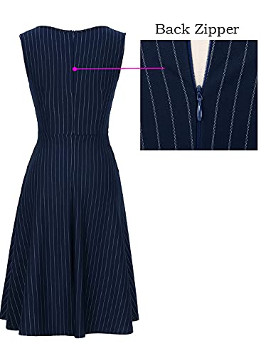 Vfshow Womens Elegant Blue And White Pinstriped Pockets Slim Zipper Up Work Business Office Party Skater A-Line Dress 2350 Blu M #TOP5