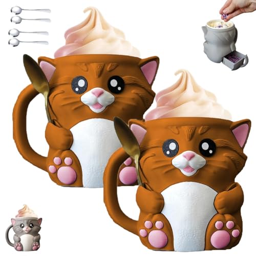 Portavasos de Helado Cuddles The Cat, Funda con Impresión 3D de Gatitos Adorables, Asa Y Cajón Para Dos Cucharas, Recipientes A Prueba de Fugas Para Cremas(marrón,2pcs)