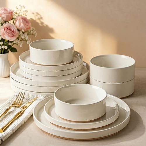 Image of AmorArc Ceramic Dinnerware Set for 8 | Speckled Stoneware Plates and Bowls with Rustic Terracotta Underside| Scratch Resistant,Dishwasher & Microwave Safe Dishes Sets- 24pcs