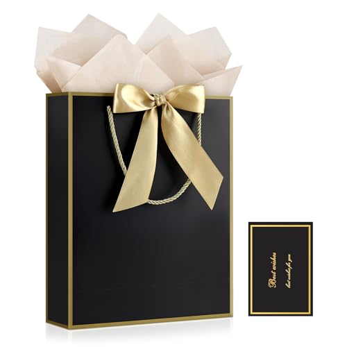 Image of JMANNI Gift Bag, 1PCS Gift Bags with Ribbon and 1 Greeting Cards 2 Tissue Paper, Portable Paper Gift Bag with Handles, Birthday Gift Bags,Present Bags for Wedding Party Mothers Day(Black-Gold)