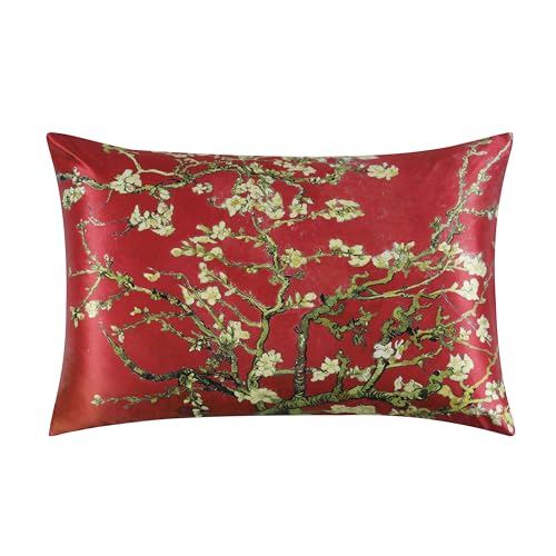 ALASKA BEAR Luxury Silk Pillowcase for Beauty Sleep, Genuine 22 Momme Mulberry Silk Pillow Case Slip for Room Decor, Red Cherry Blossom Floral Pattern Printed, Queen Size (1pc, Gift Box)