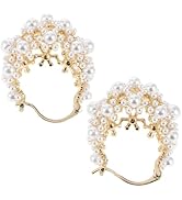 Mikikit French Style Hollow Pearl Earrings Lightweight Geometric Dangle Studs for Women Elegant V...