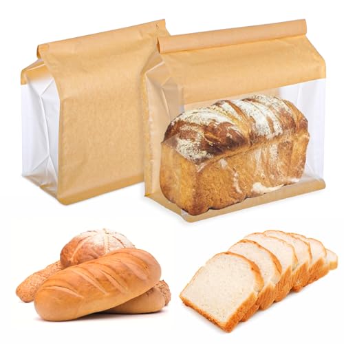 100 Pcs Heavy Duty Large Paper Bread Bags with Tin Tie Tab Lock, Loaf Bag with Clear Front Window, Storage Packaging Treat Bag for Bakery Cafe Homemade Bread 11.2” × 4.3” × 8.7”