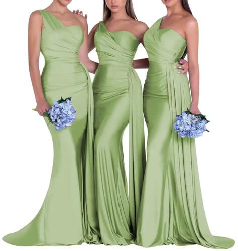 Image of One Shoulder Bridesmaid Dresses for Wedding Long Satin Bodycon Prom Dress Mermaid Formal Evening Gowns