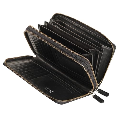 Lavalen® Carteras de Mujer Piel - Monedero Mujer Grande - Tarjetero Mujer con RFID - Billetera Mujer Hecha a Mano Cuero - Cartera Piel Mujer (Dos Cremalleras, Negro)