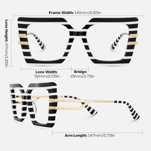 Image of Zeelool Oversized Square Glasses Frames for Women Black White Stripe Eyeglasses Fashion Non Prescription Designer Eyewear Poutine JGX444789-10