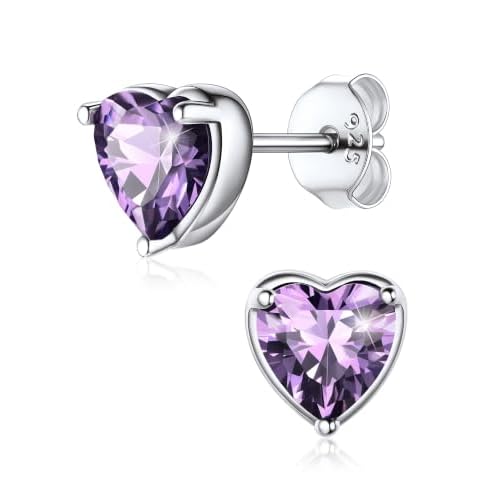 ChicSilver 925 Sterling Silver Earrings Sparkling Heart/Round/Princess Cut Birthstone Earrings for Women Birthday Jewelry with Gift Box B.February(Amethyst)-Heart Cut