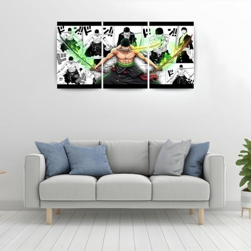 Image of One Piece Anime Manga Poster, One Piece Character Design Wall Poster 3 Panal - A4 Size, 300 GSM, Wall Decor Posters Wall Art For Bedroom, Living room, Office, Dining Room,No Frame (Zoro-6)