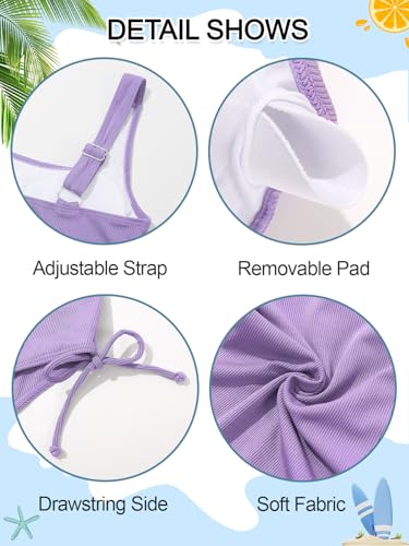 Image of Girls One Piece Swimsuits Ribbed Bathing Suit Teen Girls Adjustable Straps Drawstring Athletic Swimwear Swim Suit