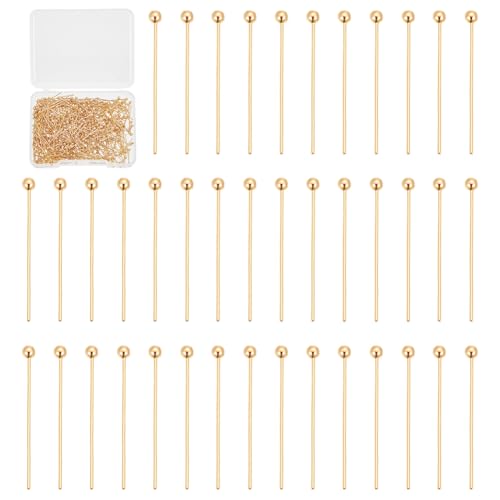 UNICRAFTALE 500Pcs Ball Head Pins 18K Gold Plated Headpin Jewelry Making Headpins Bendable Headpin Brass Long End Eye Pins Metal End Eye Pins for Earring Pendant Bracelet Necklace