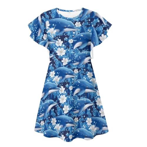 Girls Midi Dresses Toddler Girl Flowy Summer Dress Crewneck Ruffle Sleeve Sundress Fashion Clothes 3-14Y4
