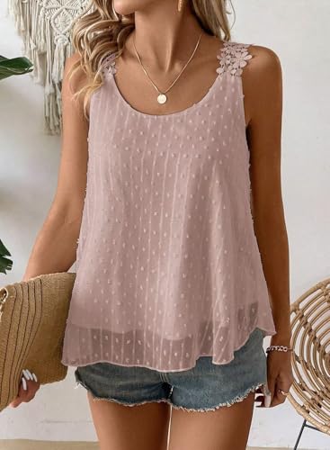 Spaghetti Strap Tank Top Sleeveless Pink Swiss Dot Blouse for Women Flowy Lace Bohemian Peplum Womens Shirts Vacation Boat Neck Fall Business Womens Blouses Loose L2