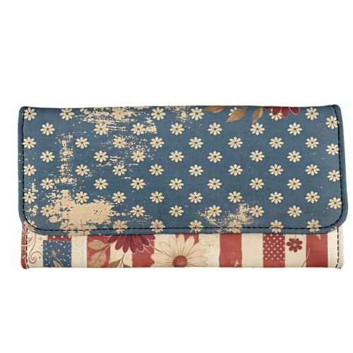 Image of AFPANQZ Womens Wallet with RFID Slim Wallets for Women, American Flag Daisy Thin Ladies Credit Card Holder Purse, Cute Leather Bifold Clutch