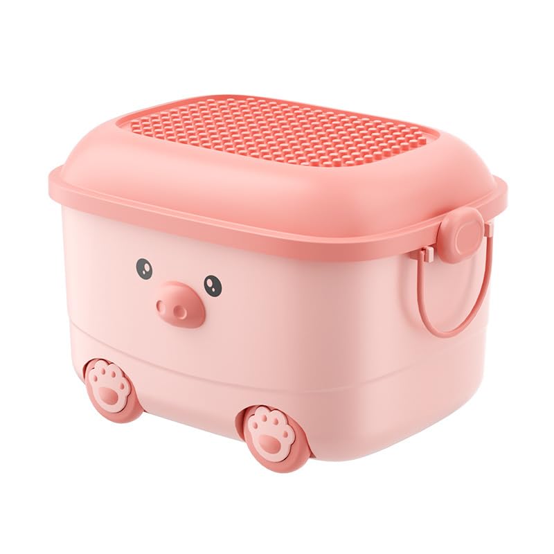 Image of Baby Bucket Multipurpose Storage Box with Wheels | Children's Toy Storage Box | Pulley Plastic Case Storage Container-(46 x 35 x 23 cm)-(Pink-Bear)