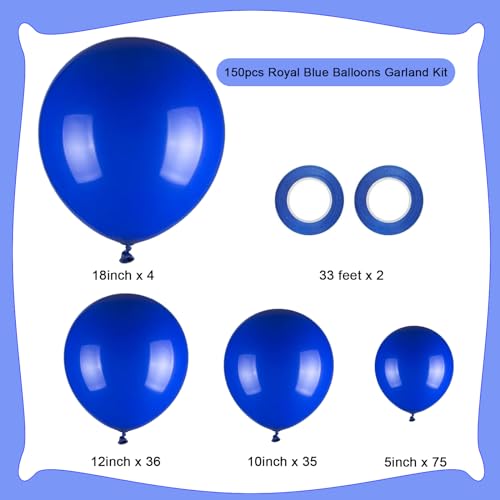 Image of 150pcs Royal Blue Balloons Different Sizes Pack, 18 12 10 5 Inch Party Balloon Garland Arch Kit Birthday Baby Shower Graduation Baseball Nautical Party Decorations(With 2 Ribbons)