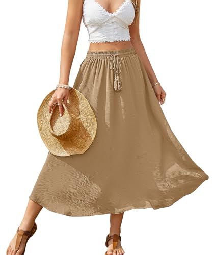 POMTIMCO Maxirock Damen Casual Hohe Taille Röcke Skirts Grosse Grössen Midi-Länge Wickelrock Mit Kordelzug Khaki XL