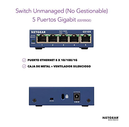 Netgear-GS105GE-Switch-5-Puertos-10100100-Switch-Gigabit-Unmanaged-Switch-Ethernet-de-Sobremesa-Caja-de-Metal-Negro