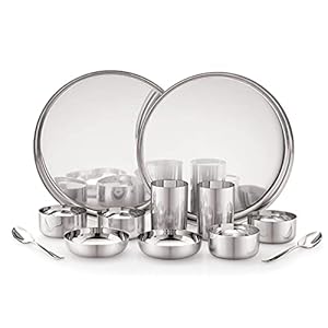 Attro Stainless Steel Bhojan Set of 2 Thali, 2 Plate, 4 Bowl, 2 Glass, 2 Spoon (Thali Diameter 29 cm) – Set of 12, Silver, Standard