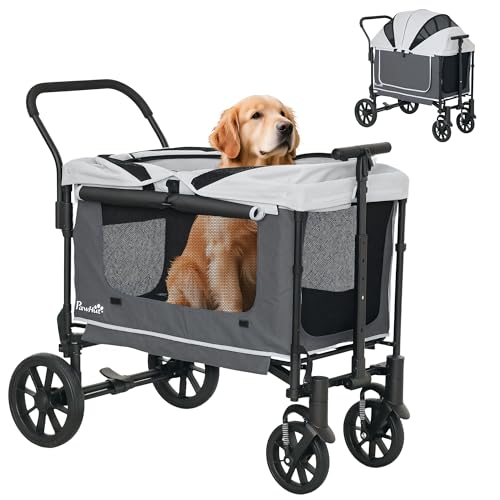 PawHut 2 in 1 Hundewagen Hundebuggy klappbar für Hunde & Katzen bis 30 kg Bollerwagen mit Kissen Netzfenstern 2 Türen Aufbewahrungstasche Katzenwagen Buggy Dunkelgrau