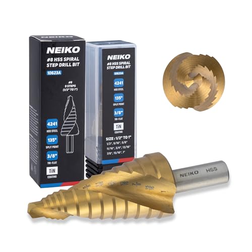 Image of NEIKO 10623A Step Drill Bit, 9 Steps 1 /2 inch to 1 inch Spiral High Speed Steel, Titanium Nitride Coated, 3 /8 inch Tri Flat Step Bits for Steel, Metal, Wood, Plastic, Unibit Cone Drill Bits, Two Flute