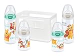 Inklusive vier NUK Disney Winnie the Pooh First Choice+ Weithalsflaschen (2 x 150 ml mit Silikonsauger Gr.1 S für Tee, Wasser oder Muttermilch, 2 x 300 ml mit Silikonsauger Gr.1 M für Milch)