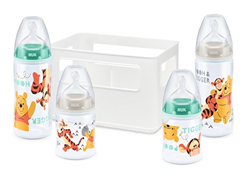 NUK Disney Winnie the Pooh First Choice + Babyflaschen Starter Set mit 4 Anti-Colic Weithalsflaschen (2x 150ml & 2x 300ml) mit Silikonsauger & Flaschenbox, BPA-frei, grün