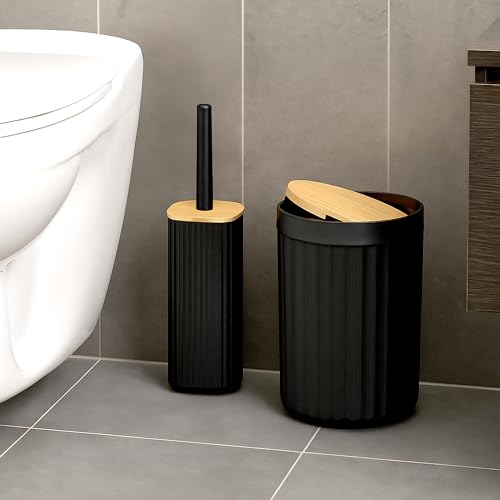 Relaxdays Badezimmer Set, 6-teilig, Badaccessoires Kunststoff & Bambus, komplettes Badzubehör-Set, Badset, schwarz/Natur