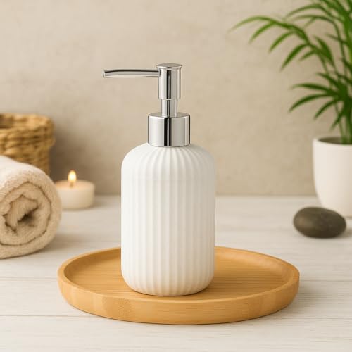 Image of LAGET Bathroom Accessories Set for Utility and Toothbrush Holder Bathroom Decor | Handwash Liquid Soap Dispenser Pump for Bathroom, Kitchen, Wash Basin, Sink Ribbed Design (White)